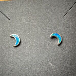 925 Silver Crescent Moon Earrings with Blue Opal Accents